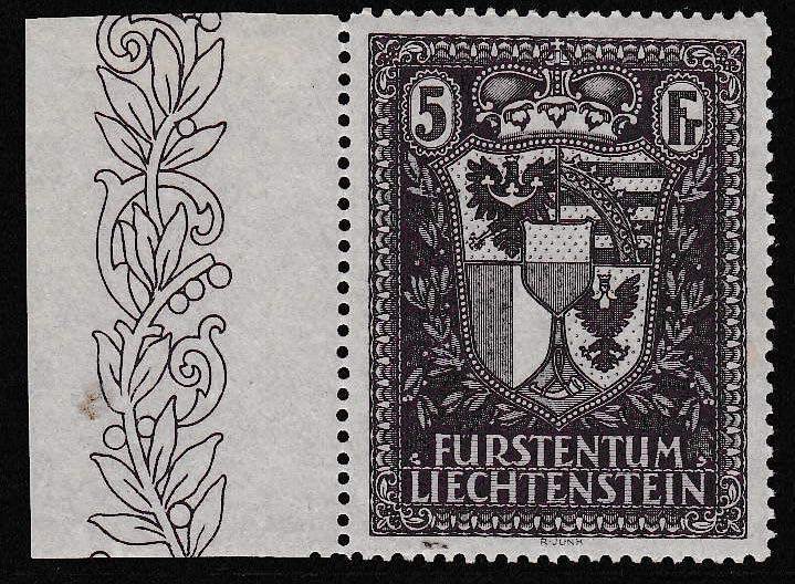 Liechtenstein 1935 5Franc Shield Scott 131 Zum 121 Margin Single. Stamp XF/NH