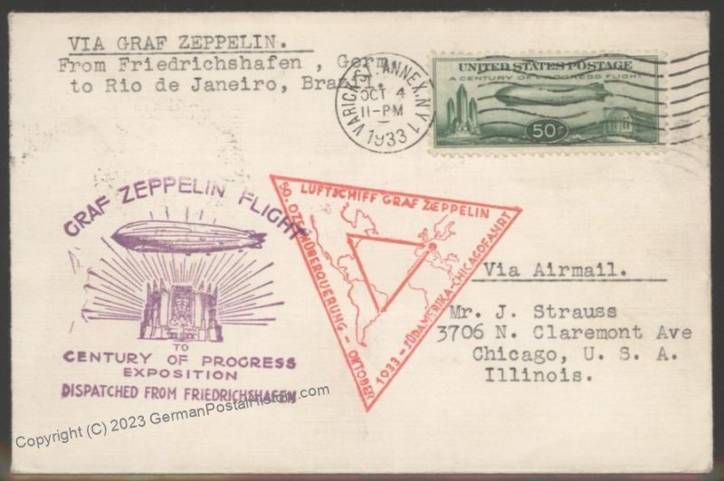 USA 1933 Graf Zeppelin Si241A Century of Progress C18 Cover Rio Friedrich 103370