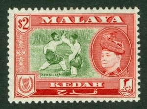 SG 101 Kedah 1957. $2 bronze-green & scarlet. Fine mounted mint CAT £50