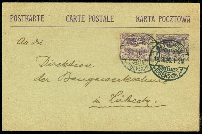 EDW1949SELL : UPPER SILESIA Scarce Uprated 1920 Post Card to Lubeck.