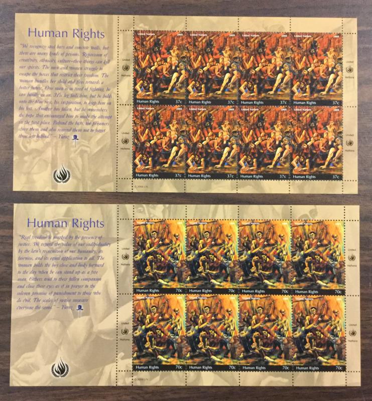 (BJ Stamps) UN-NY. #871-2. 2004 “Human Rights” sheets of 8. MNH. CV $19.75.