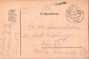 Austria Soldier's Free Mail 1918 K.u.K. Feldpostamt 552 Postcard to Vienna wi...