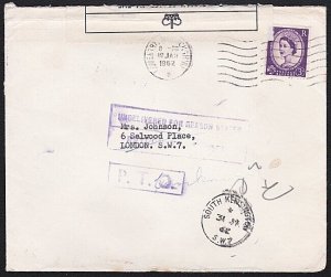 GB 1962 cover Coventry to London - Undelivered - OFFICIALLY SEALED.........A8872