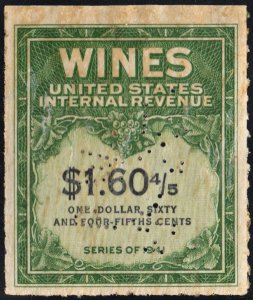 RE196 $1.60⅘ Wine Revenue Stamp (1951) Perfin