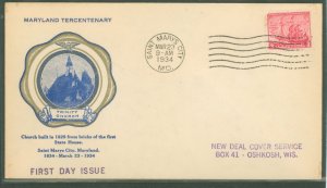 US 736 1934 3c Maryland Tercentenary on an addressed FDC with a Rice cachet