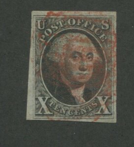 1847 United States George Washington Postage Stamp #2 Used VF Red Grid Cancel