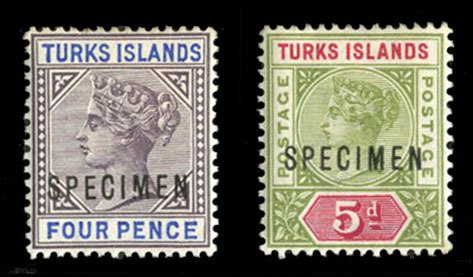 Turks Islands #53,57S (SG 71-72s) Cat£100, 1893-95 4p and 5p, two values, ov...