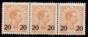 DENMARK #176v 20 on 30ore SNAKES MOUTH variety in center of strip, Facit $112.00