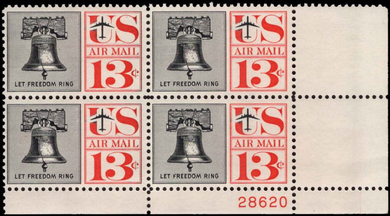 US #C62 13¢ LIBERTY BELL MNH LR PLATE BLOCK #28620 DURLAND $1.75