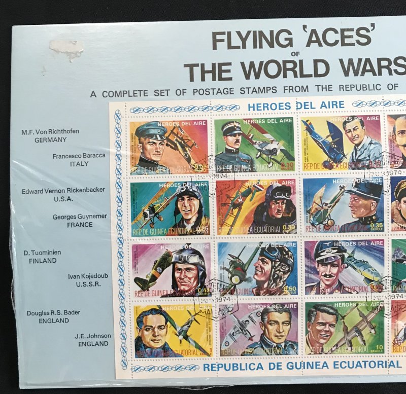 Rep. De Guinea Equatorial Flying Aces Sheet of 16 Used on Cardboard 1974 L35