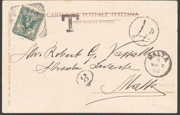 MALTA 1902 postcard ex Italy - scarce 4d in circle postage due mark.........5400