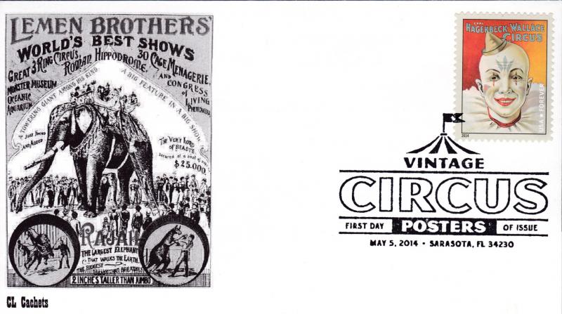 United States 2014 Vintage Circus Posters (8) on First Day Covers B&W CL Cachet