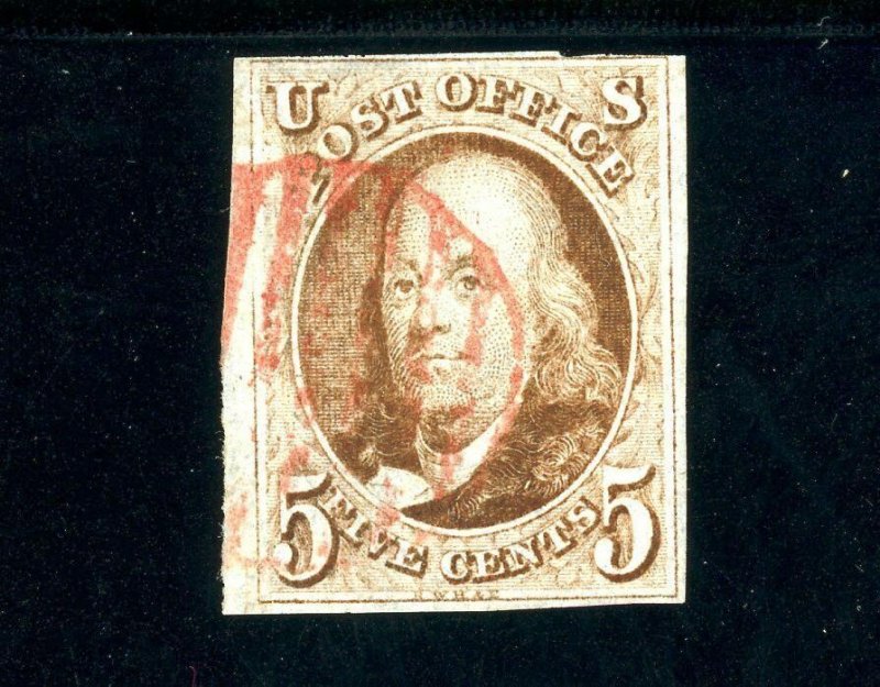 USAstamps Used FVF US 1847 Franklin 1st Stamp Sct 1 Beauty With Red Grid Cancel