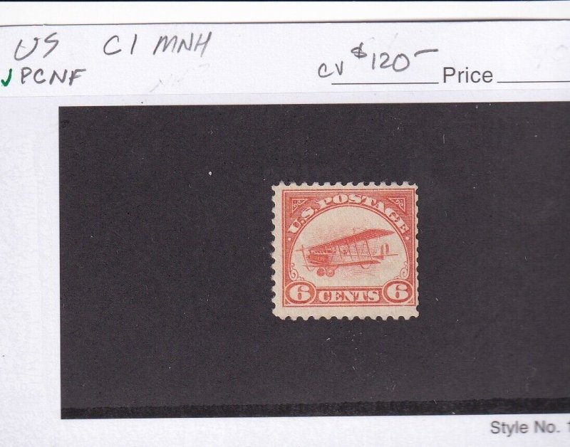 MATT'S STAMPS US SCOTT #C1 BIPLANE 1918 ISSUE AIR MAIL STAMP, MNH CV $120