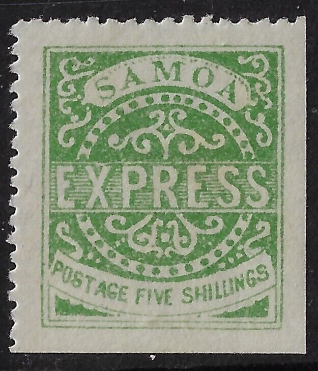 Samoa 1877, 5 shillings yell-green SG State 4 remainder/reprint.  P. 12 ½ (aa556