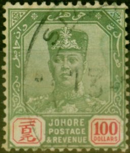 Johore 1922 $100 Green & Scarlet SG127 Fine Used Fiscal Cancel