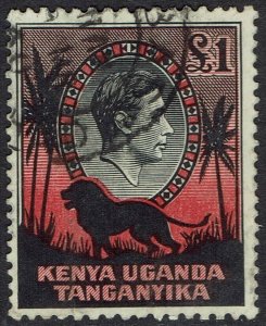 KENYA UGANDA & TANGANYIKA 1938 KGVI LION £1 PERF 11¾ X 13 USED