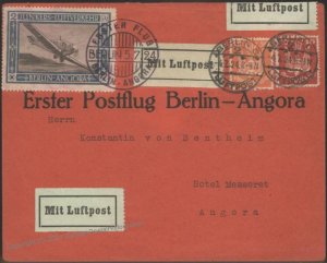 Germany 1924 1st Flight Berlin Ankara Turkey Junkers Semipostal Mi12 Cove 106149