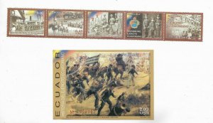 ECUADOR 2005 ARMY HISTORY MILITARY HORSES 5 VALUES STRIP + SOUVENIR SHEET MNH