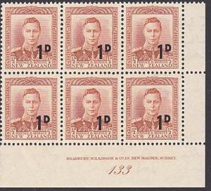 NEW ZEALAND GVI 1d on ½d plate block # 133 MNH..............................4149