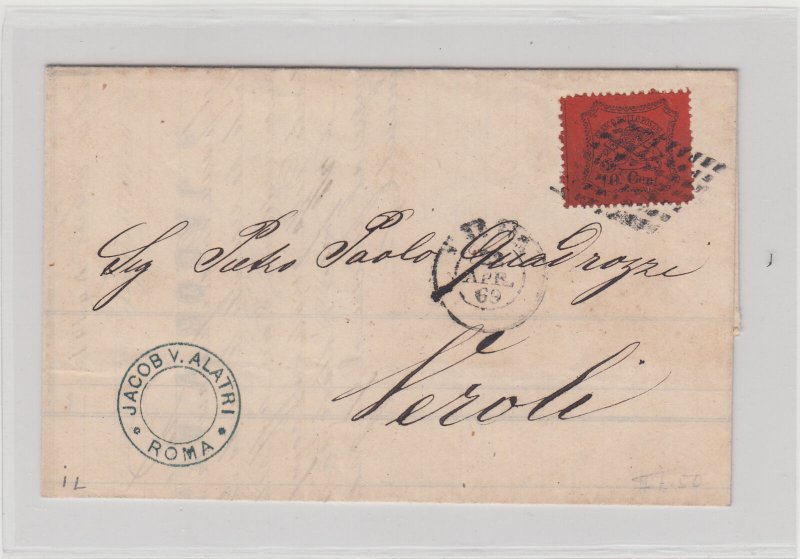 Italy Roman States, 1869, Scott 22, 10 Cent. Black Orange Cover (Rome to Veroli) 