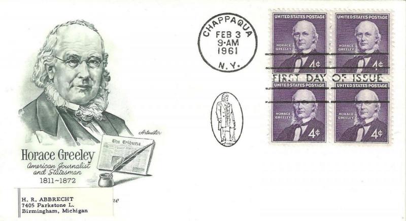 U.S. 1961 HORACE GREELEY Journalist #1177 Block of 4 on an Artmaster FDC Cach...