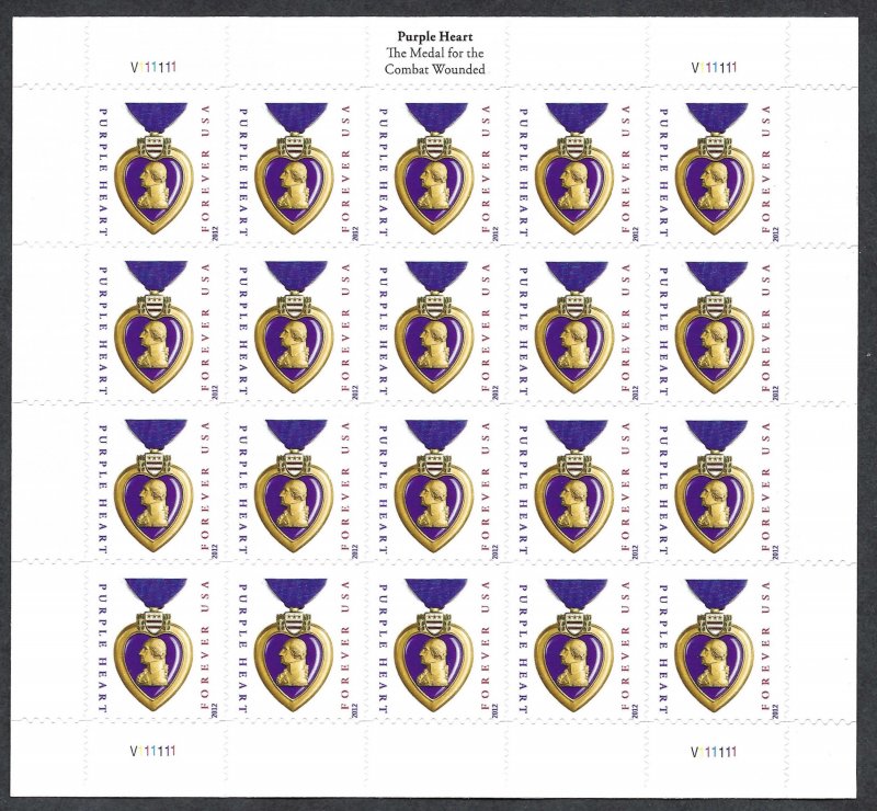 United States #4704 (45¢) Purple Heart & Ribbon (2012).  Mini-sheet of 20. MNH