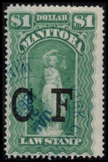 1877 CANADA, MANITOBA REVENUE TAX VINTAGE $1. #ML11, SCARCE LAW STAMP