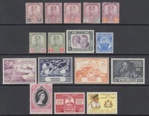 Malaya, Johore Sc 101/157 MLH. 1921-1960 issues, 16 different, F-VF