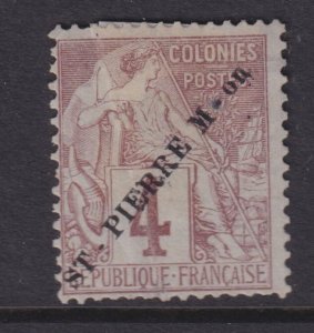 St. PIERRE et MIQUELON, 1891 diagonal in Black, 4c. Purple Brown, mint no gum.