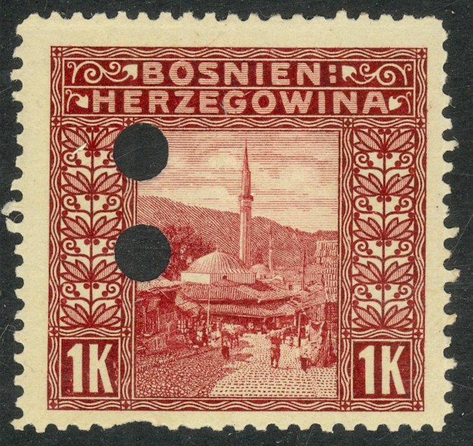 BOSNIA AND HERZEGOVINA 1906 1K Mosque Invalidation Punch Holes Sc 43 MH