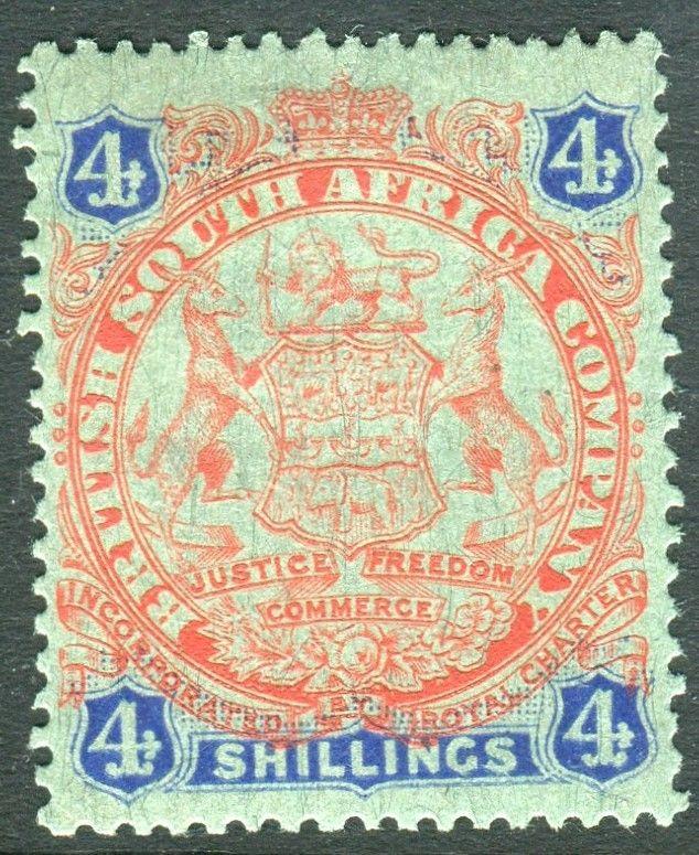 RHODESIA-1896-97 4/- Orange-Red & Blue/Green.  A mounted mint example Sg 37