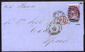 Great Britain 1869 6d pl.8 on entire to Cadiz nicely tied...