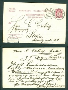Norway. 1903 Stationery Bergen. 10 Ore Post Horn. Adr: Germany