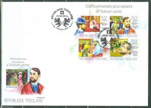 TOGO  2014 150th  BIRTH ANNIVERSARY OF TOULOUSE LAUTREC  SHEET  FDC