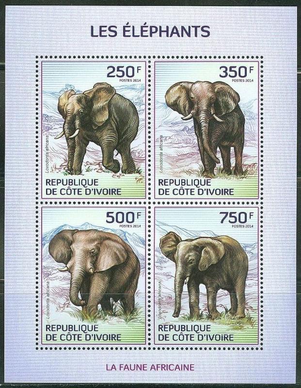 IVORY COAST 2014 FAUNA OF AFRICA ELEPHANTS SHEET OF FOUR STAMPS