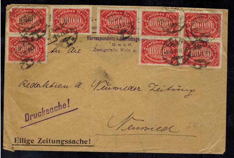 1923 Koln Germany Inflation cover to Neuwieder Zeitung 800000 RM