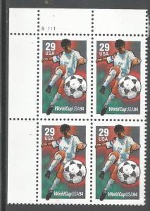 US 2834, MNH, PLATE BLOCK OF 4 STAMPS, WORLD CUP SOCCER, 1994