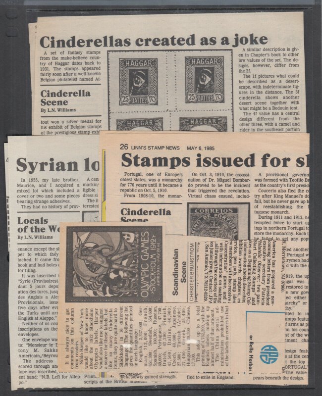 1980-2005 About 50 Clippings of articles on Cinderellas, Locals & Forgeries