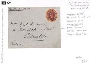 GB EMPIRE RATE QV Stationery Cut-Out Maritime Cover THOS COOK India 1905 C11 