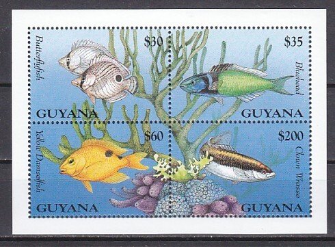 Guyana, Scott cat. 2975 a-d. Marine Life & Fish sheet of 4.