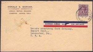 JAMAICA 1937 airmail rate cover to USA - GV 9d single franking.............A1426