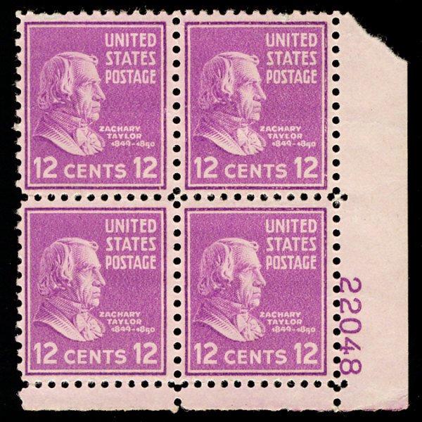 US #817 PLATE BLOCK, VF/XF mint never hinged, 12c Taylor,  Post office fresh!...