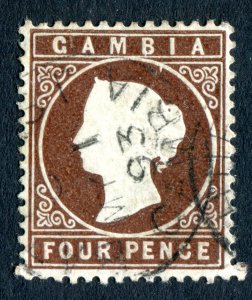 Gambia 1886 QV. 4d brown. Used. WMK CROWN TO RIGHT OF CA. SG30w.