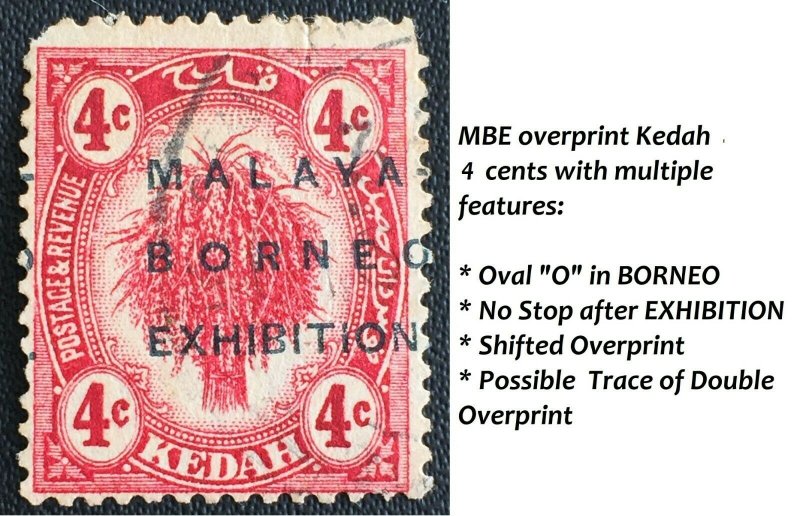 RARE MALAYA 1922 MBE opt Kedah 4c USED with MULTI FEATURES SG#47++ M2410