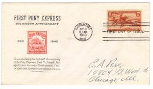 US 894 (Me-31) 3c Pony Express FDC Grimsland Cachet ECV $30.00