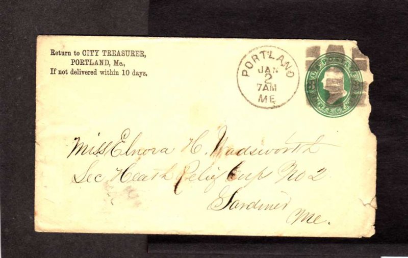 ME City Treasurer Portland Maine Cover 1800's Fancy Grid ? Cancel Stamp Cover