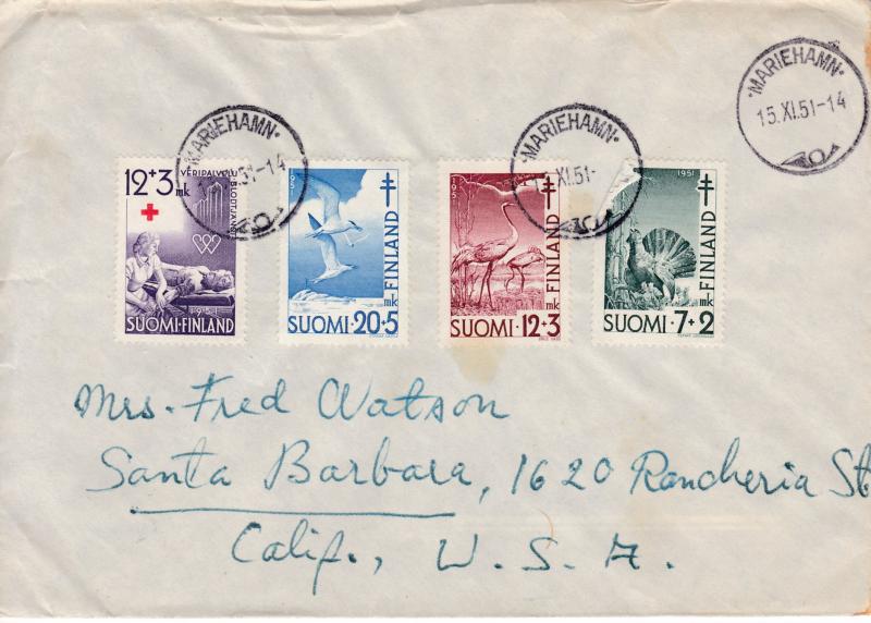 Finland 1951 Cover Mariehamn Airmail to Calif. Nice Semi-Postal Franking