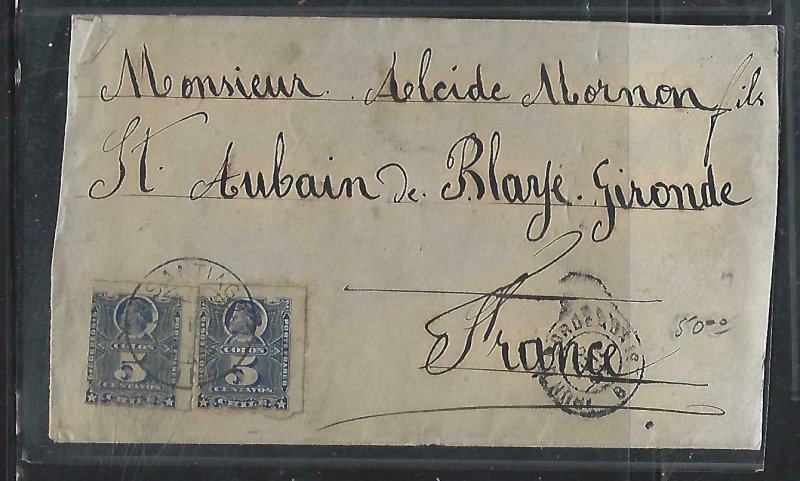 CHILE  (P3108B) 1891   COLUMBUS 5 C X2  ON COVER  SANTIAGO TO FRANCE