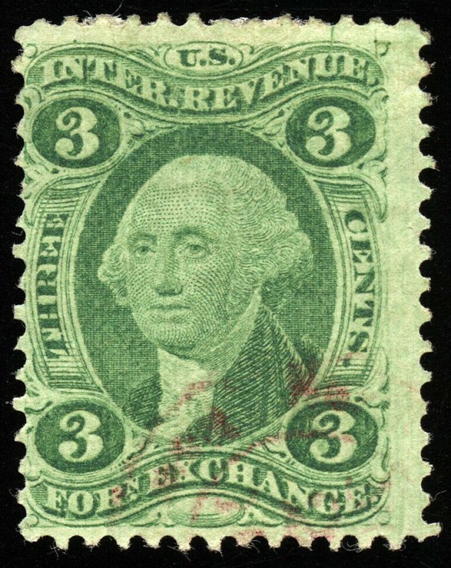 B394 U.S. Revenue Scott R16c 3c Foreign Exchange red handstamp cancel